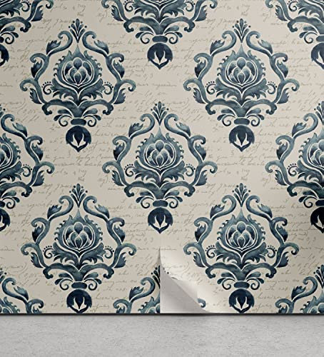 ABAKUHAUS Damassé Papier peint autocollant pour la maison, Nostalgique baroque Blooms, Accent de salon et de cuisine auto-adhésif, 33 cm x 250 cm, Tan Essence Bleu