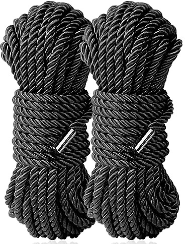 Sfcaris Silk Soft Rope, Skin Friendly Soft Nylon Silky Black Red Ropes, Durable Multipurpose Color Braided Satin Twisted Cord Long Rope 32 Feet 8 mm (2-Pack, Black)