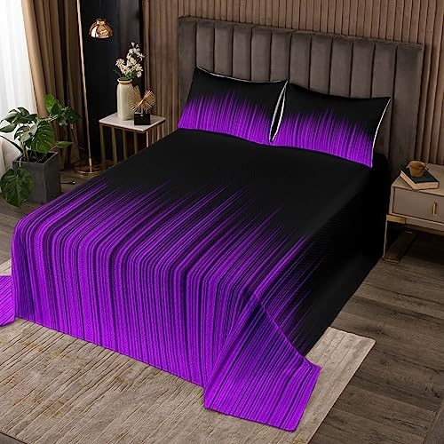 Geometrisch Abstract Ombre Dekorative Tagesdecke 220x240cm Weich Schwarz Lila Striped Quadratisch Steppdecke Kinder Wohndecke Modern Bettüberwurf Dekor Doppelbett Gesteppt mit 2 Kissenbezug 3Stück