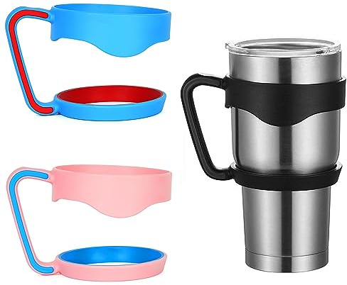 Linkidea - Paquete de 3 Asas para Vasos compatibles con Yeti Rambler de 30 oz y Ozark Trail, Agarre Antideslizante portátil para Tazas de Viaje (Negro, Rosa, Azul)