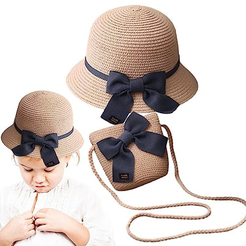 EUBEISAQI Strohhut und Geldbörse für Mädchen - Kleine Mädchen-Strohgeldbörse mit Schleife - Sommer-Sonnenschutz, atmungsaktiv, Sonnenschutz, Strohhut-Set mit Schleife, Kindertasche