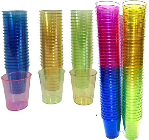 Lot de 640 verres à shot en plastique fluo 30 ml – Gobelets à shot réutilisables pour échantillons de vodka pour dégustation de desserts, mariages, anniversaires, fêtes, Noël, enterrement de vie de