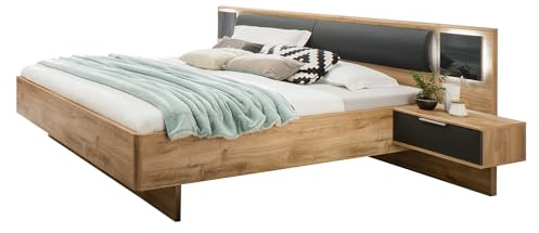 Lomadox Schlafzimmer Doppelbett mit 160x200 cm Liegefläche in Eiche und Graphit, inkl. Kopfteilpolster & beleuchtetem Glaspaneel