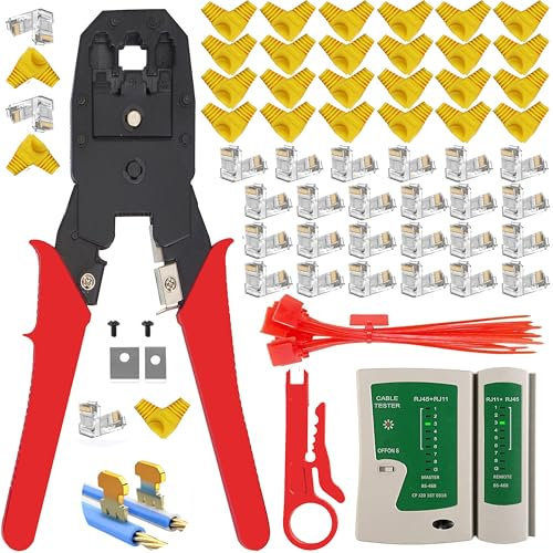MAYLINE RJ11 RJ45 Cat5 Cat6 - Comprobador de cables de red para reparación de cables de red, pelacables para engarzar el conector crimpador coaxial, pelacables Cat6e (rojo)