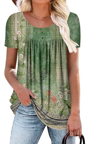 CHICZONE Womens Crew Neck Tunic Tops Casual Shirts for Women Short Sleeve Pleated Blouse