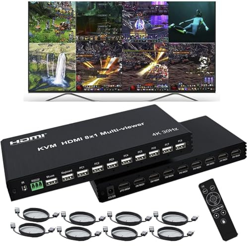 4K HDMI Switcher 8 in 1 Out with KVM, 4K Multi-Viewer with IR Remote and Button Switch, HDMI Splitter with 16 Modes Displays 1 Full Screen+15 Kinds Split Screen Modes, 2 USB Port for Keyboard/Mouse