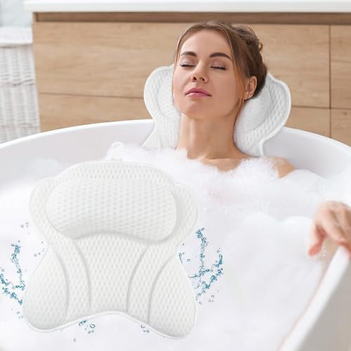 Alaoo Bath Pillow, 4D Luxury Bath Bathtub Pillow & Bath Ball Set, Ergonomic Mesh SPA Tub Pillow, with Non-Slip Suction Cups Ergonomic Home Spa Headrest for Relax Body Head(Butterfly Style, White)