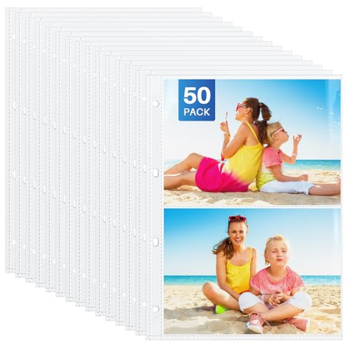 WenYa 50-Pack A4 2-Pocket Photo Sleeves for 6x8 Photos & A5 Documents, Side-Loading Clear Punch Pockets for 2/3/4 Ring Binder, Holds 100/200 Items Total - for Photos, Recipes, Inserts
