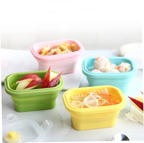 4pcs mini bocadillos, contenedores de almacenamiento de alimentos de silicona plegables de 150 ml, caja de almacenamiento de alimentos que ahorran espacio apilable con tapas de clip, microondas/never