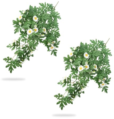 TIANLIN 2 Stück Hängepflanzen, Fake Pflanzen Länge 60 cm, Artificial Plants mit Weißen Gänseblümchenköpfen, zur Dekoration von Wohnzimmer, Balkon und Schlafzimmer