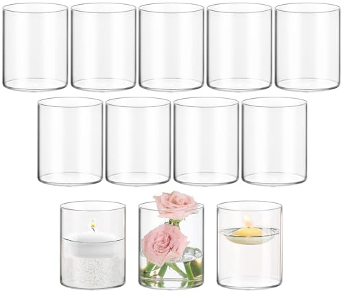 GBACHOOSE 12 Pack Glass Vases for Table Decoration, 10cm High Glasseam Glass Cylinder Vase, 10 x 8.5 cm Clear Cylinder Bud Vases, Flower Vase for Roses, Tulips, Candle