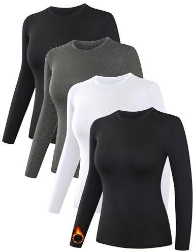 Dalavch 4 Pack Women’s Thermal Shirts, Women Fleece Lined Compression Long Sleeve Base Layer Tops for Winter Cold Weather 2 Black 1 Heather Gray 1 White Medium