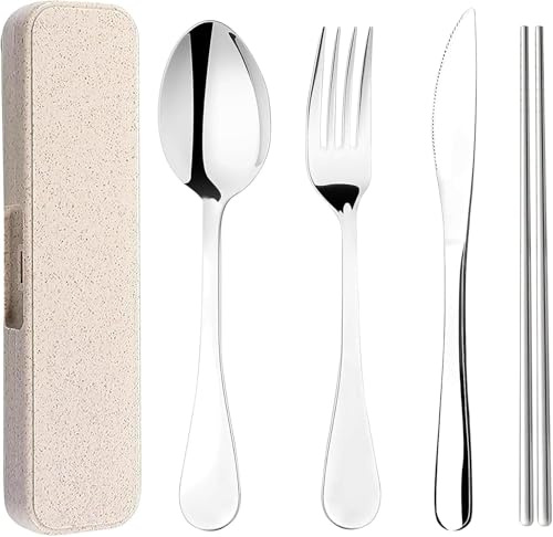 Travel Cutlery Set, Stainless Steel Travel Cutlery Set with Case, Reusable Knife Fork Spoon Set Travels with Spoon Knife Fork Chopsticks, for Picnic School Office