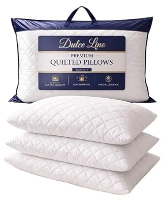 Dulce Lino Quilted Hotel-Quality Pillows – Soft & Supportive, Breathable Microfiber, Hypoallergenic Back, Front and Side Sleepers – Soft & Breathable Size 45cm x 66cm. (Pack of 4)
