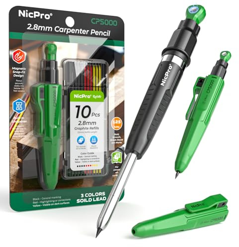 Nicpro 7-in-1 CP5000 Magnetischer Zimmermannsbleistift mit Anspitzer, 2,8 mm Druckbleistift + 10 Minen, Tieflochmarker Bleistift für Bauarbeiten, Holzbearbeitung, Zimmermannswerkzeug zum Markieren