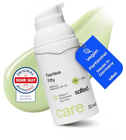 salted. FEARLESS FIFTY Fluide anti-boutons SPF50 | 30 ml | Avec niacinamide, zinc et micro-algues | Soin de jour matifiant contre les impuretés | Soin du visage pour homme et femme | Végétalien | Sans