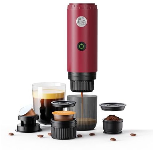 RECAFIMIL Portable Coffee Machine 3-in-1, Portable 19-bar Espresso Machine 12V with Self-heating Compatible with NS and DG Capsules and Ground Coffee for Camping, Travel and Home (red)