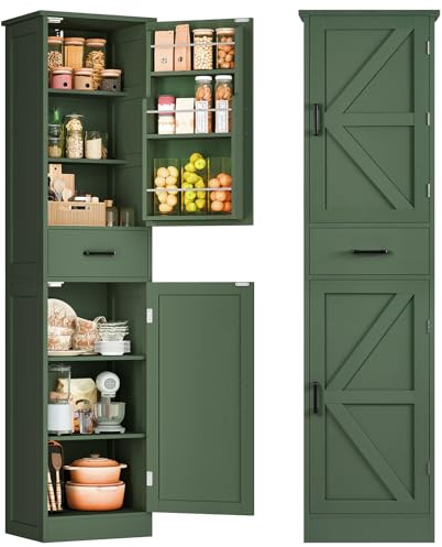 TEENFON Kitchen Pantry Cabinet with 3 Door Shelves & 1 Drawer, Narrow Bathroom Cabinet with Adjustable Shelves, Tall Storage Cabinet for Living Room, Bathroom, Entryway, Green