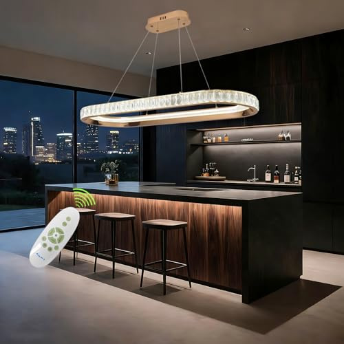 Ovaler Goldener LED Pendelleuchte Esstisch Moderner Kronleuchter mit Linearer LED Beleuchtung für Esszimmer Dimmbare Pendelleuchte für Kücheninseln mit Fernbedienung für Wohnzimmer und Büro