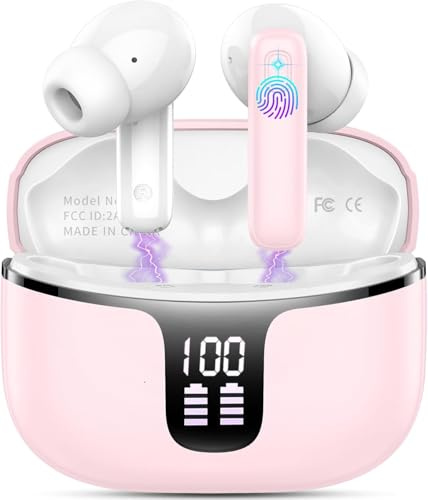 Cuffie Bluetooth, Auricolari Bluetooth Stereo HiFi, 2026 Cuffie Wireless In Ear con 4 ENC HD, Cuffiette Sport Touch Control, Cuffie Senza Fili con 40H Display LED, Earbuds per Android/iOS Rosa