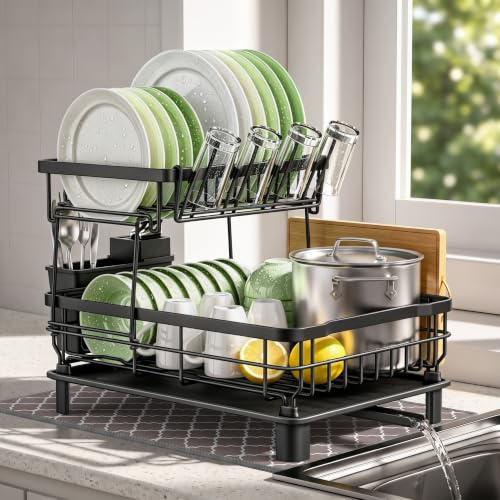 2 Tier Dish Drainer Rack with Drip Tray and Absorbent Mat, for Kitchen | Large Capacity, Rust-Resistant Powder-Coated Iron Kitchen Drainer, Space-Saving, Large Dish Rack for Plates, Cups and Cutlery