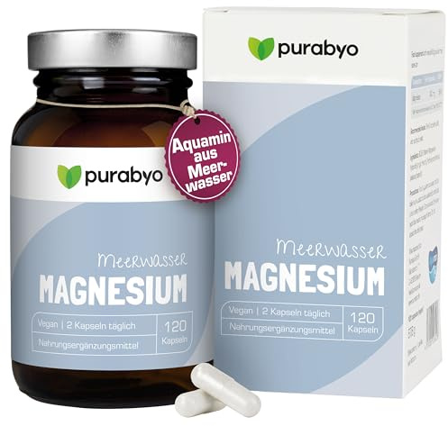 Purabyo Magnesium Komplex vegan | Magnesium Kapseln im Glas | hochdosiert | Markenrohstoff Aquamin | 300 mg elementares Magnesium | aus Meerwasser | vegan, laborgeprüft und in Deutschland hergestellt