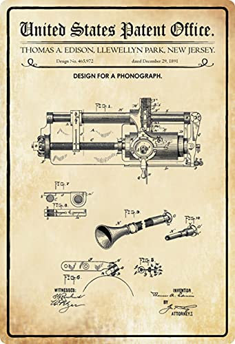 Blechschild 20x30cm gewölbt Patent Entwurf Grammophon 1891 Deko Geschenk Schild