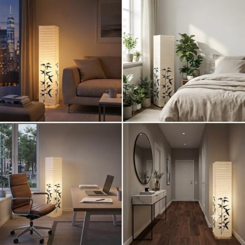 Trango 1216 Modern Design Stehlampe *KOREA* Reispapier Lampe in Eckig mit Bambus Dekor, Stehleuchte 125cm Hoch, Wohnzimmer Deko Lampe, Stehlampe mit Lampenschirm incl. 2x E14 Lampenfassung