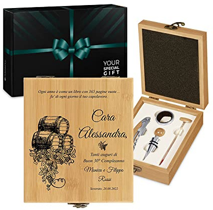 Maverton Set di Accessori da Vino, Kit Cavatappi da Vino Degustazione | Perfetta Personalizzato, Scatola in Legno di bambù + 4 Pezzi di Accessori Vino, Regalo Donna, Le Botti