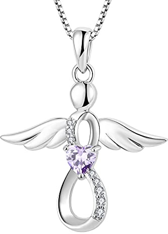 FJ Schutzengel Halskette Anhänger 925 Sterling Silber Infinity Unendlichkeit Kette mit Zirkonia Geburtsstein Engel Schmuck Geschenke für Frauen Mädchen