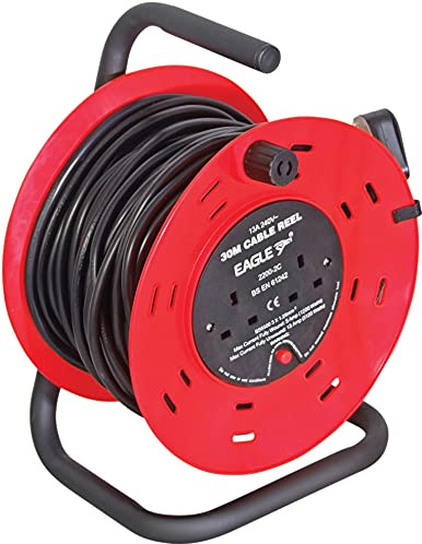 Netagon 2 Gang UK Plug 30M Cable Lead Garage & Home Red/Black Extension Reeler Real with Stand, Carry Handle and Reset Button