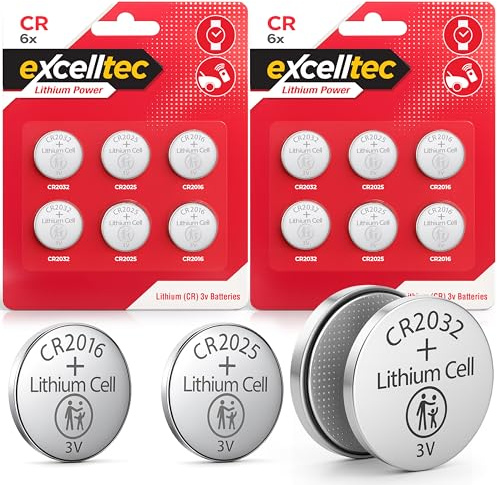 Excelltec Lot de 16 piles au lithium | 8 piles CR2032 | 4 piles CR2025 3 V au lithium | 4 piles CR2016 | Batterie plate pour clés de voiture, balance, montres avec carnet SOL