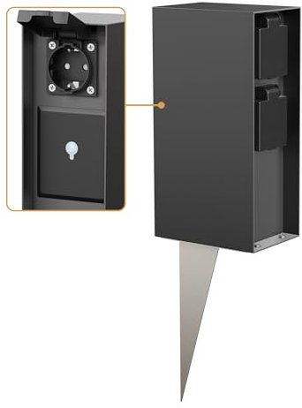 ledscom.de Garten-Steckdosensäule POMI mit Erdspieß für außen, IP44, Smart Home, WLAN, Alexa, 3-Fach, anthrazit, eckig, 23cm