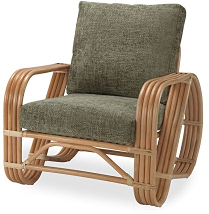 Desser Pretzel Rattan Conservatory Chair with Green Cushions – Large Armchair Natural Cane Seat Indoor with UK Made Cushions in Green Jubilee Sage Fabric - H92cm x W77 x D86