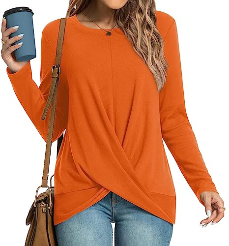 HOTGIFT Womens Halloween Orange Tunic Tops Long Sleeve Shirts Fall Winter Casual Crewneck Sweaters Front Twist Large