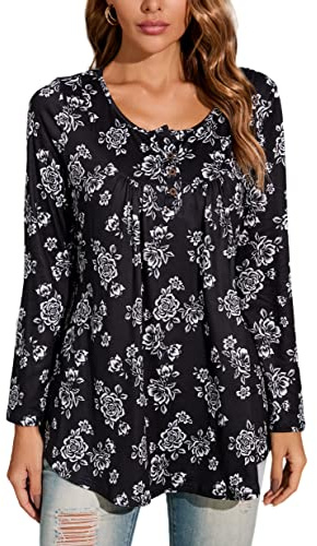 Enmain Damtunika, skjorta, långärmad tunika, långtröja damer, stora storlekar, V-ringad, långblus, skjorta, ledig, elegant tunika, toppar med knappar, paisley-blommor, t-shirt damer, S–3XL, svart, XL