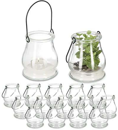 Relaxdays Windlicht, 16er Set, aus Glas, mit Henkel, innen & außen, Teelichthalter, HxD 10 x 8,5 cm, transparent/schwarz