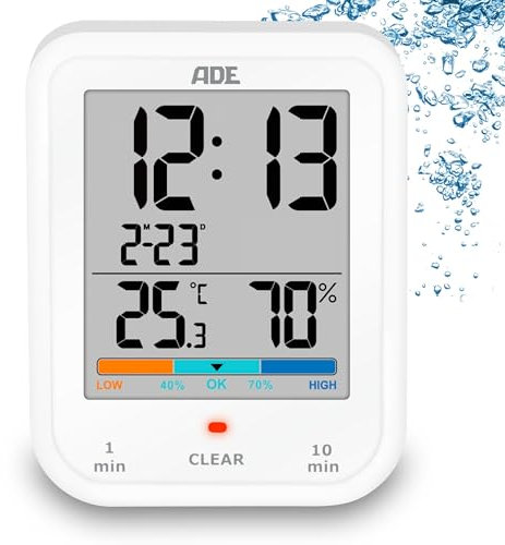 ADE Digitale Badezimmeruhr mit Hygrometer und Thermometer | wasserdicht nach IP65 | Duschtimer | Countdownfunktion | großes LCD-Display | mit Datumsanzeige | weiß