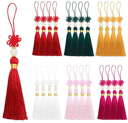 24 Stück Mini Quasten, BetterJonny Seidig Weiche Bunte Quasten 6 Farben Handgefertigtes Quasten mit Perlen Chinesischen Knoten für DIY Bastelzubehör Lesezeichen Wohnkultur, 4 Stück pro Farbe
