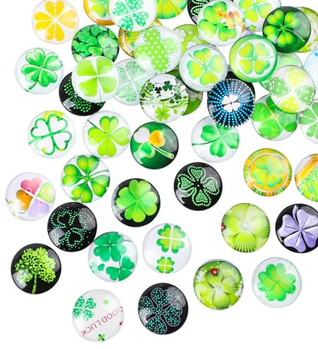 JOFONY 50 Stück Glücksstein Bunte Glassteine,25mm Vierblättriges Kleeblatt Muggelsteine,Runde Glücksklee Glascabochons für DIY Handwerkliche Schmuckherstellung Heimdekoration