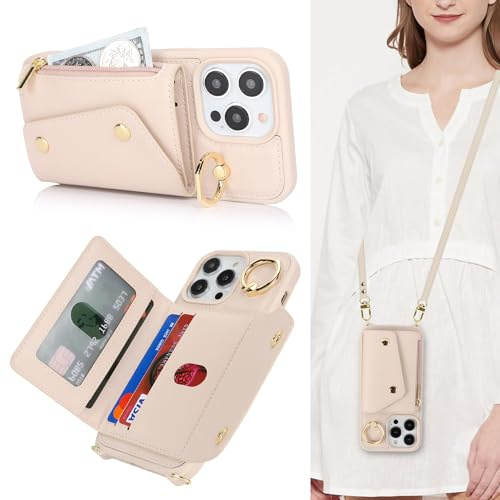 Lipvina Hülle für iPhone 14 Pro Hülle mit Band Kartenhalter handyhülle Hülle für iPhone 14 Pro mit Reißverschluss Band Ring Ständer Case für Frauen - weiß