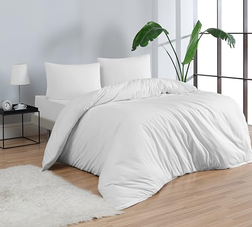Venice Home 100% Cotton Jersey Duvet Cover Set - Ultra Soft & Breathable - All-Season Comfort - Easy Fit with 4 Corner Ties - Includes 2 Pillowcases - 3-Piece Bedding Set (White, Full/Queen)