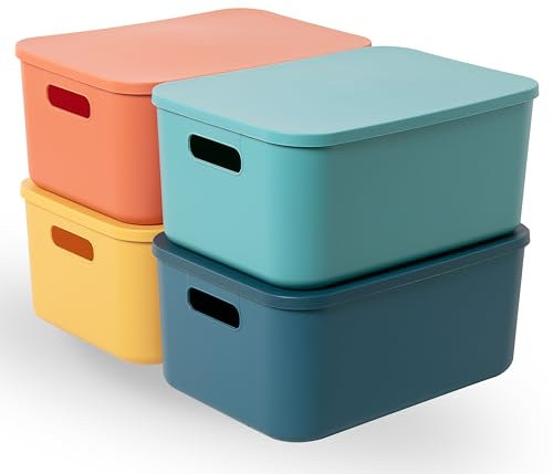 HapiLeap Caja de Almacenamiento con Tapa, Apilable con Tapa, Cajas de Almacenamiento para Estantes, Cocina, Baño, Oficina, Habitación Infantil (Medium (4 Pack))