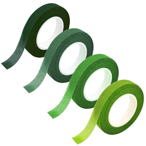 4 Rollen Flora Kreppband, 4 Stile Grün Floristenband, 12mm*27m Selbstklebend Floristenkrepp Blumenband, Klebeband Flora Blumenband für Blumensträuße DIY Kunsthandwerk Floral Wire Tape 4 style green
