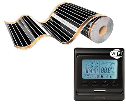 Warmcoin™ Infrarot Heizfolie, elektrische Fußbodenheizung, 50 cm, Set, 220 W/qm mit und ohne Thermostat (W51 WIFI Schwarz thermostat, 5 lm = 2.5m²)