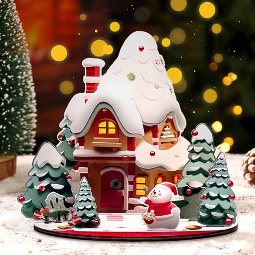 HUIKUANGEU Weihnachtsstadt,Weihnachtsdeko,Weihnachtshaus,Holz Weihnachtsdorf Häuser,Holz Holzhaus Deko Weihnachten Miniatur,Weihnachtsdekorationen,Geeignet für Die Weihnachtsdeko Büro