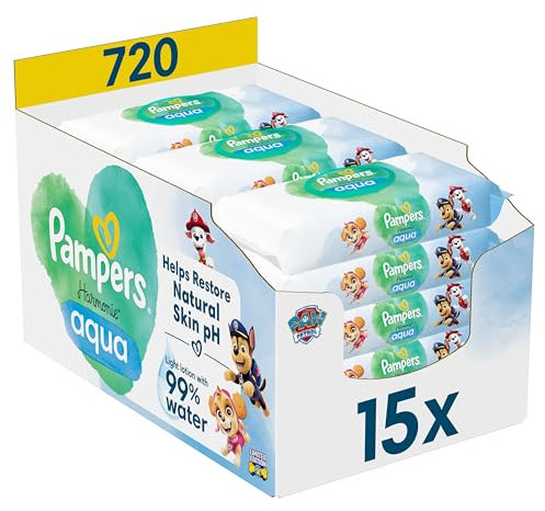 Pampers Harmonie Aqua Baby Toallitas húmedas Paw Patrol, 15 paquetes de 48 toallitas húmedas, 720 toallitas húmedas para bebés que ayudan a restaurar el pH natural de la piel, loción ligera con un 99%