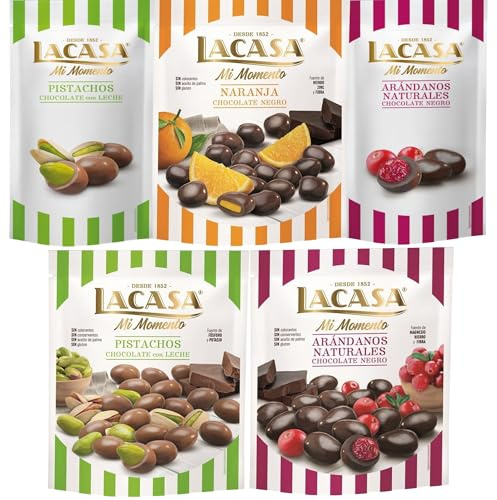 Lacasa Mi Momento pack de 5:Arándano Choco Negro,Pistacho Choco Leche,Arándano Choco Negro,Naranja Choco Negro,Pistacho Choco Leche