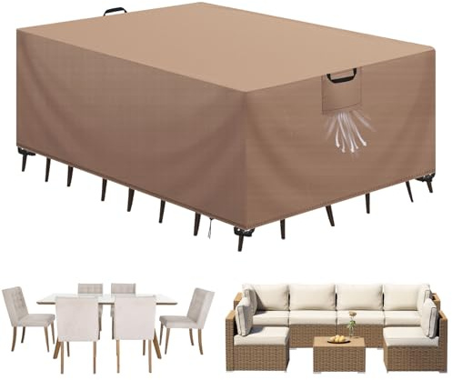 Aujink Funda Mesa Exterior Impermeable, Funda para Muebles de Jardín, Cubierta para Muebles de Jardin Tela Oxford 420D Anti Viento Anti UV Funda Protectora Mesa Exterior, Caqui,250x210x90cm