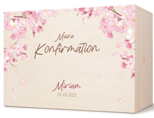 GRAVURZEILE Bedruckte Erinnerungskiste - Kirschblüten - Personalisiert mit Name & Datum - Erinnerungsbox für Mädchen & Jungen - Geschenk zur Kommunion, Konfirmation & Taufe - Erinnerungsbox